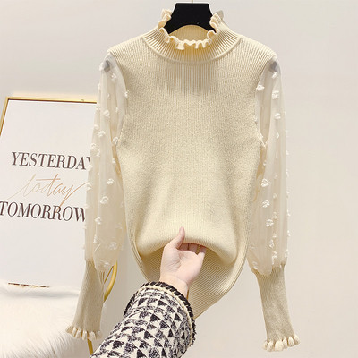 Női pulóver magas gallérral és széles ujjú fehér, rózsaszín, fekete és bézs színben