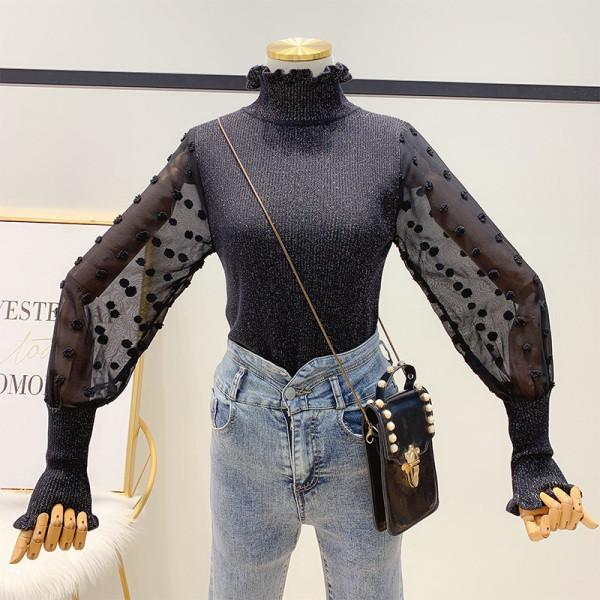 Női pulóver magas gallérral és széles ujjú fehér, rózsaszín, fekete és bézs színben