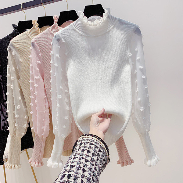 Női pulóver magas gallérral és széles ujjú fehér, rózsaszín, fekete és bézs színben