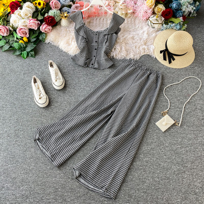 Modern női kockás szett két részből, fekete, sárga és piros színben