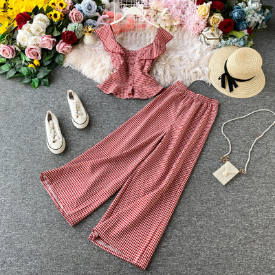 Modern női kockás szett két részből, fekete, sárga és piros színben