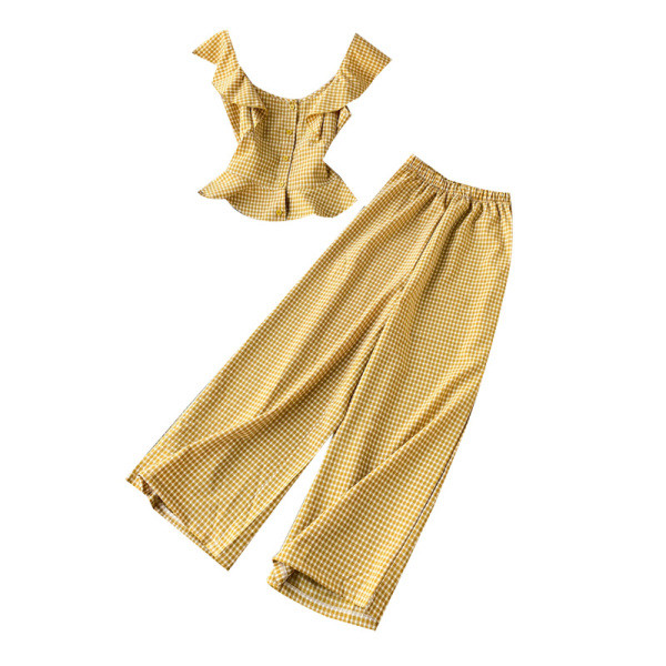 Modern női kockás szett két részből, fekete, sárga és piros színben