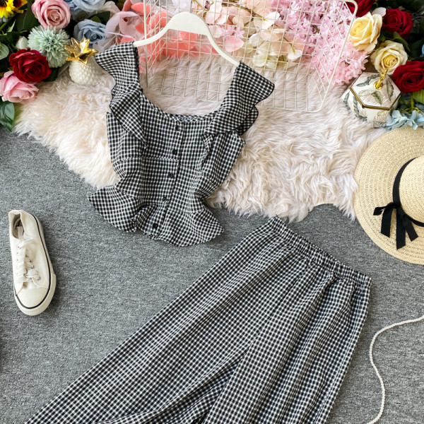 Modern női kockás szett két részből, fekete, sárga és piros színben