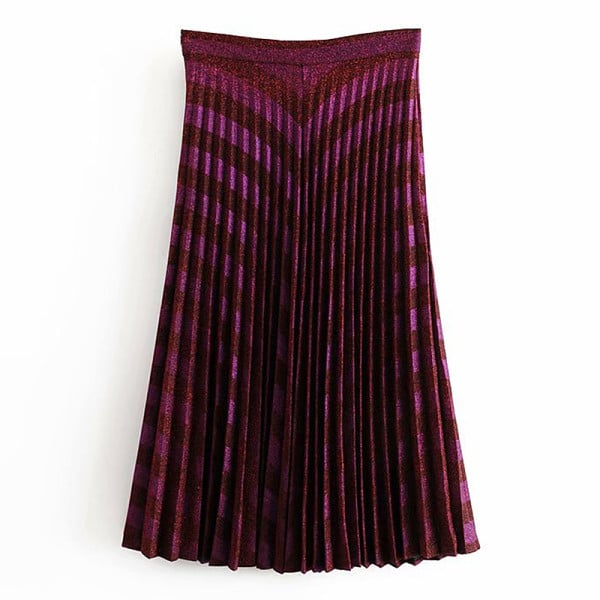 Hosszú, modern rakott szoknya lila színben, fényes hatással