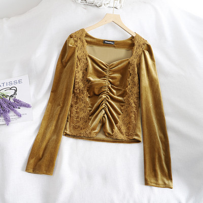 Női bársony blúz kék, fehér, sárga és fekete színben, csipkével és hosszú ujjal