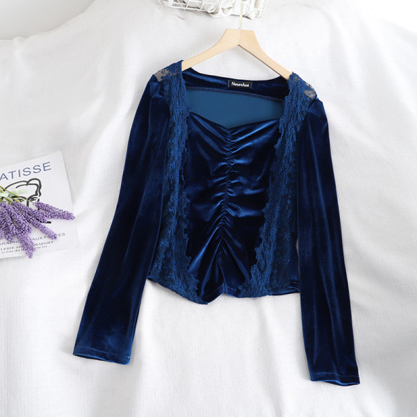 Női bársony blúz kék, fehér, sárga és fekete színben, csipkével és hosszú ujjal