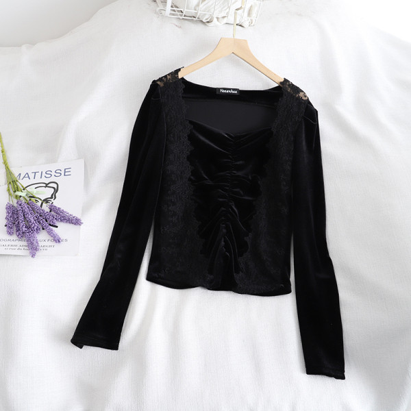 Női bársony blúz kék, fehér, sárga és fekete színben, csipkével és hosszú ujjal