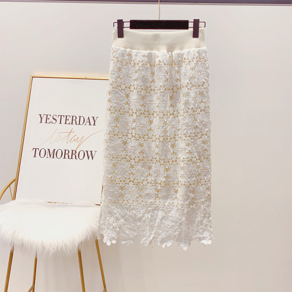 Női csipke téli szoknya magas derékkal, fehér, fekete és bézs színben