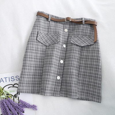 Kockás női rövid szoknya három színben övvel, magas derékkal