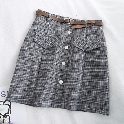 Kockás női rövid szoknya három színben övvel, magas derékkal
