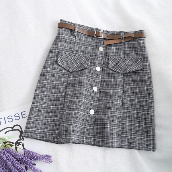 Kockás női rövid szoknya három színben övvel, magas derékkal