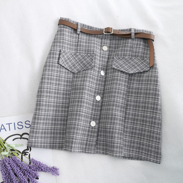 Kockás női rövid szoknya három színben övvel, magas derékkal