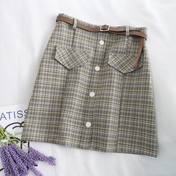 Kockás női rövid szoknya három színben övvel, magas derékkal