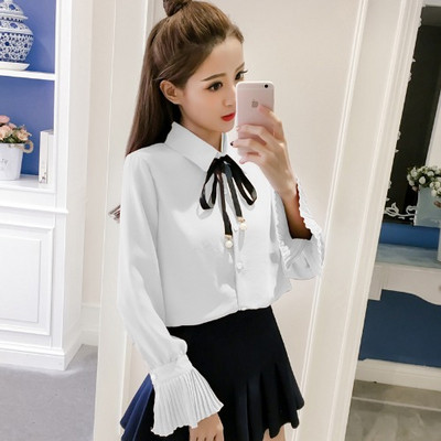 Modern női ing klasszikus gallérral, fűzős és lótusz ujjú fehér és rózsaszín színben