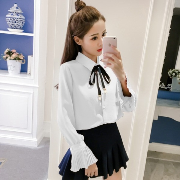 Modern női ing klasszikus gallérral, fűzős és lótusz ujjú fehér és rózsaszín színben