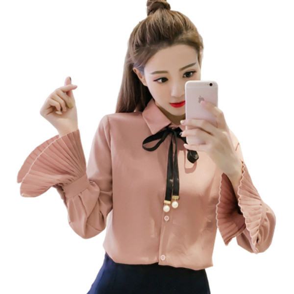 Modern női ing klasszikus gallérral, fűzős és lótusz ujjú fehér és rózsaszín színben