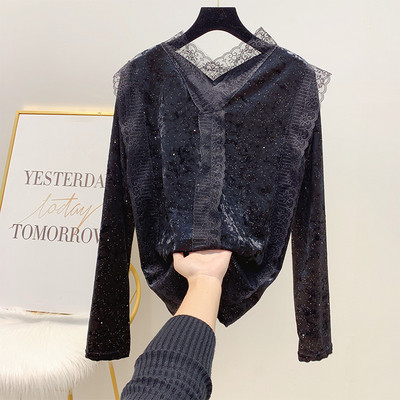 Női bársony blúz csipkével és spitz nyakkivágással szürke, fehér, fekete és barna színekben