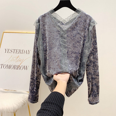 Női bársony blúz csipkével és spitz nyakkivágással szürke, fehér, fekete és barna színekben