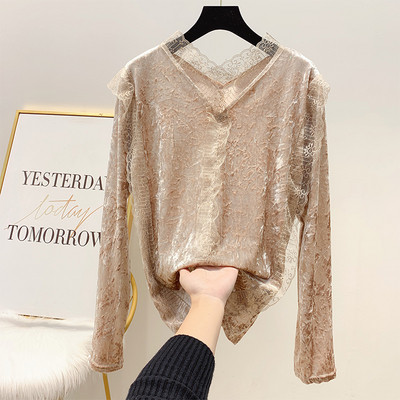 Női bársony blúz csipkével és spitz nyakkivágással szürke, fehér, fekete és barna színekben