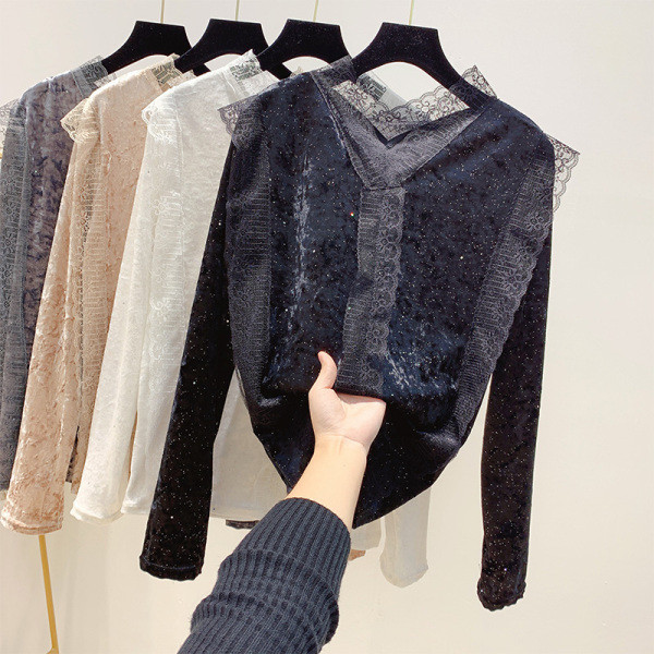 Női bársony blúz csipkével és spitz nyakkivágással szürke, fehér, fekete és barna színekben