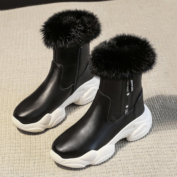 Cizme de iarnă de damă cu căptușeală moale și fermoar în alb-negru