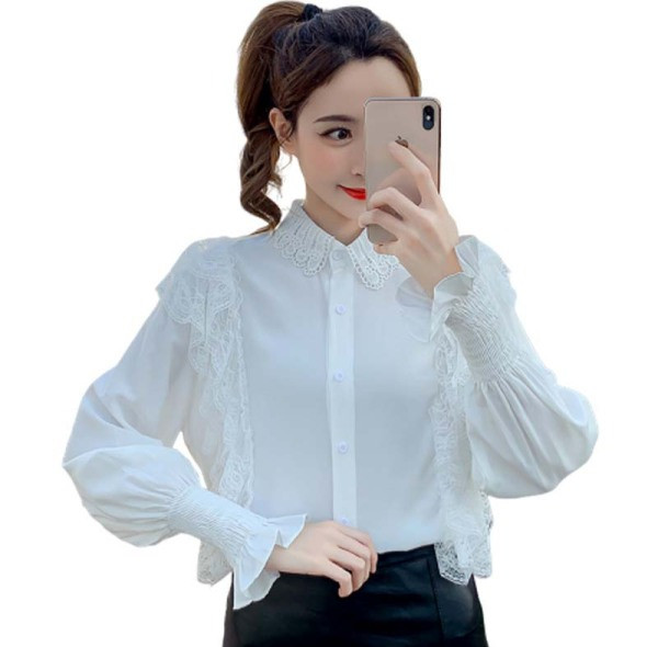 Modern női ing fehér, zöld és fekete színben, fürtökkel és csipkegallérral