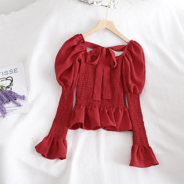 Bluză de damă cu decolteu pătrat și mâneci lotus în roșu, alb și negru