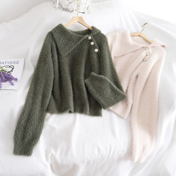 Modern női pulóver zöld és bézs színben, gombokkal és hosszú ujjú