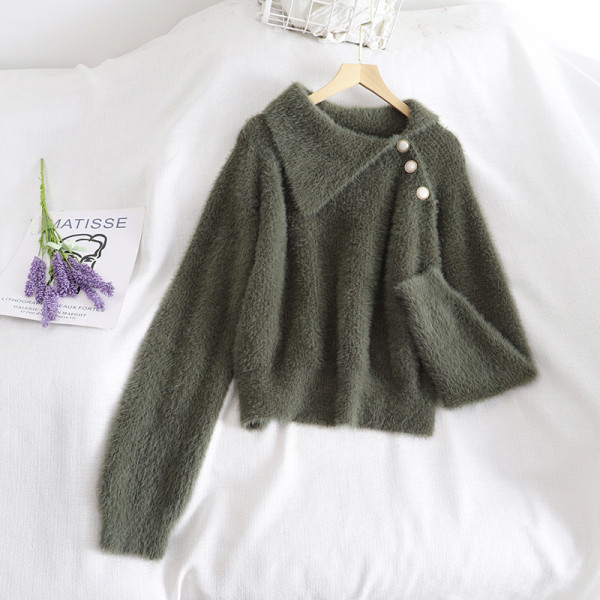 Modern női pulóver zöld és bézs színben, gombokkal és hosszú ujjú