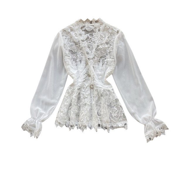 Cămașă casual de damă cu mâneci din dantelă și tul alb
