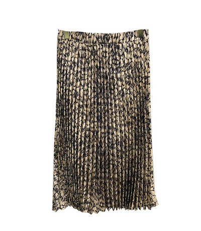 Közepes hosszúságú, rugalmas derékú, barna mintás, lezser szoknya