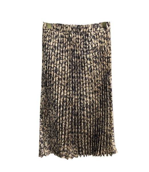 Közepes hosszúságú, rugalmas derékú, barna mintás, lezser szoknya