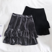 Modern női bársony szoknya szürke és fekete színben, magas derékkal