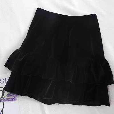 Modern női bársony szoknya szürke és fekete színben, magas derékkal