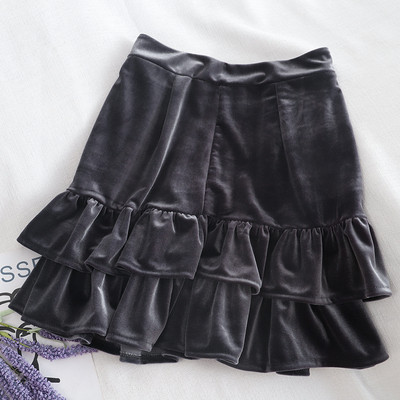 Modern női bársony szoknya szürke és fekete színben, magas derékkal