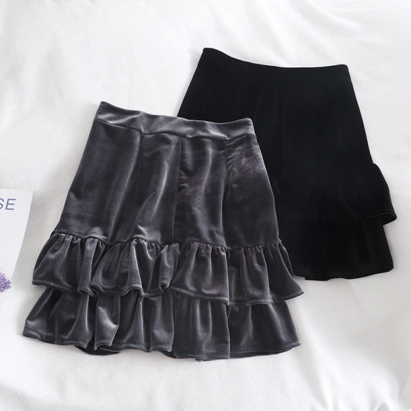 Modern női bársony szoknya szürke és fekete színben, magas derékkal