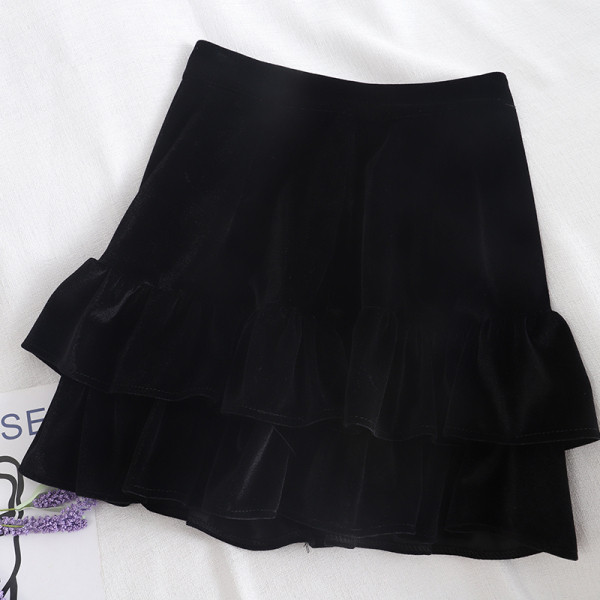 Modern női bársony szoknya szürke és fekete színben, magas derékkal