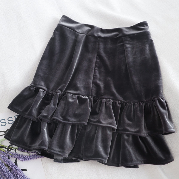 Modern női bársony szoknya szürke és fekete színben, magas derékkal