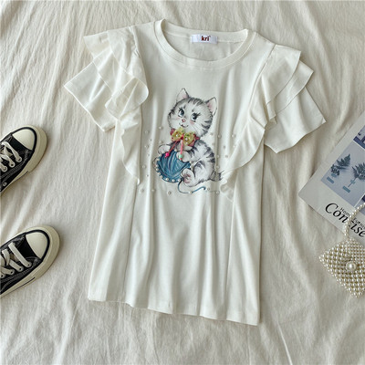 Modern női blúz rövid ujjú színes mintával kék, fehér, piros, lila és rózsaszín színekben