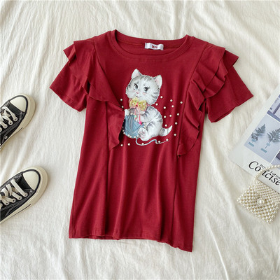 Modern női blúz rövid ujjú színes mintával kék, fehér, piros, lila és rózsaszín színekben