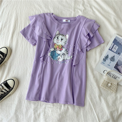 Modern női blúz rövid ujjú színes mintával kék, fehér, piros, lila és rózsaszín színekben