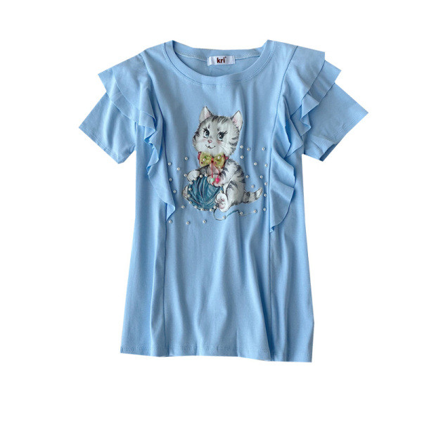 Modern női blúz rövid ujjú színes mintával kék, fehér, piros, lila és rózsaszín színekben