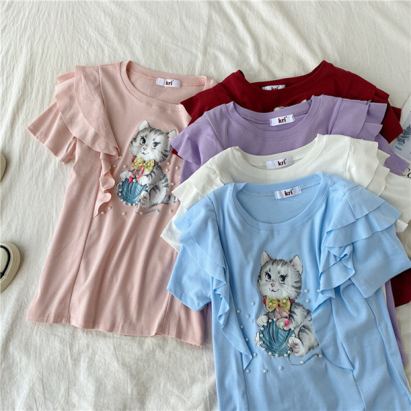 Modern női blúz rövid ujjú színes mintával kék, fehér, piros, lila és rózsaszín színekben