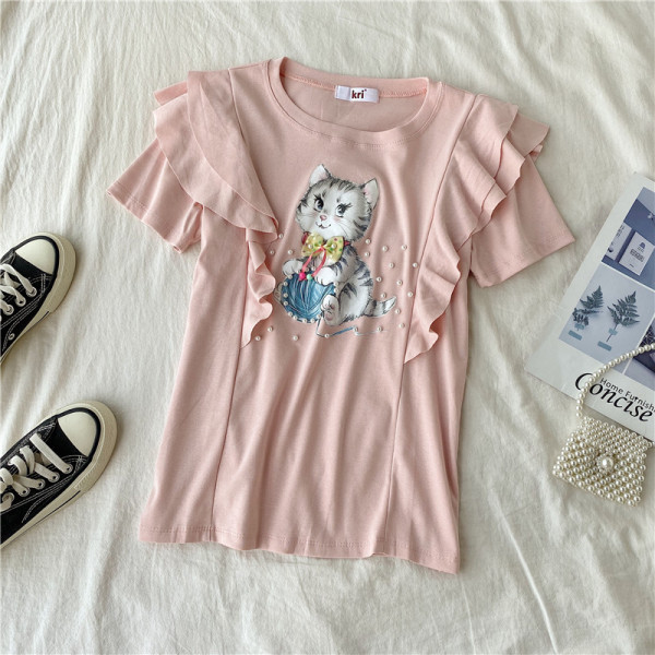 Modern női blúz rövid ujjú színes mintával kék, fehér, piros, lila és rózsaszín színekben