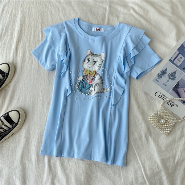 Modern női blúz rövid ujjú színes mintával kék, fehér, piros, lila és rózsaszín színekben