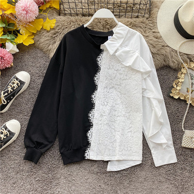 Modern női blúz ovális nyakkivágással és csipkével szürke, fekete és kék színekben