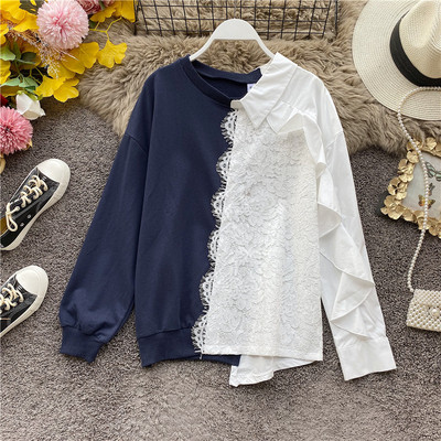 Modern női blúz ovális nyakkivágással és csipkével szürke, fekete és kék színekben