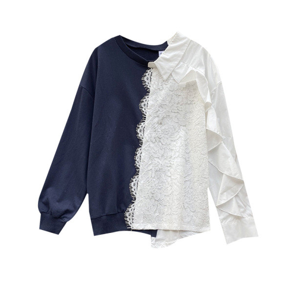 Modern női blúz ovális nyakkivágással és csipkével szürke, fekete és kék színekben