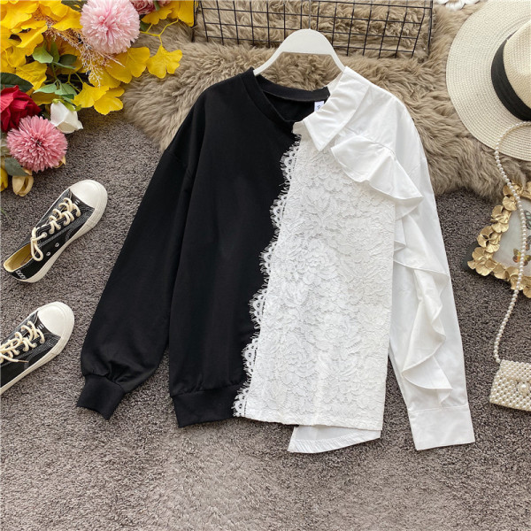 Modern női blúz ovális nyakkivágással és csipkével szürke, fekete és kék színekben