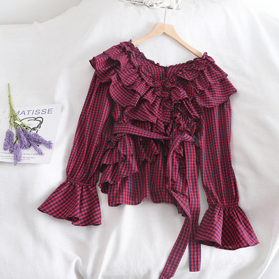 Retro stílusú kockás női ing négy színben nyakkendővel és fürtökkel